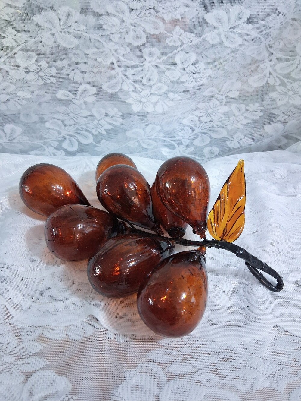 MCM Vintage Ryukyu Amber Crackle Glass Grapes Cluster Wire Stem Single Leaf 8 Pc
